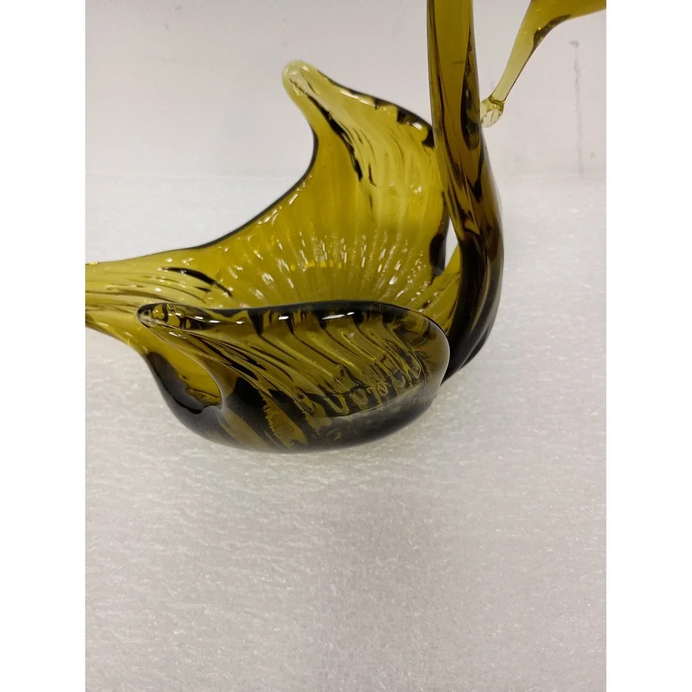 Vintage Olive Green Art Glass Swan Bowl MCM Decor Ribbed Candy Dish